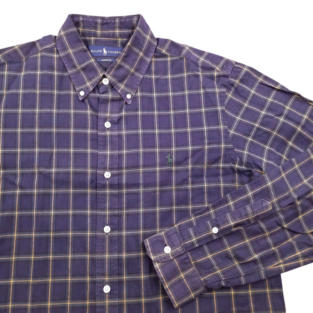 Ralph Lauren Custom Fit Button Down Long Sleeve Shirt Blue Plaid Mens Large